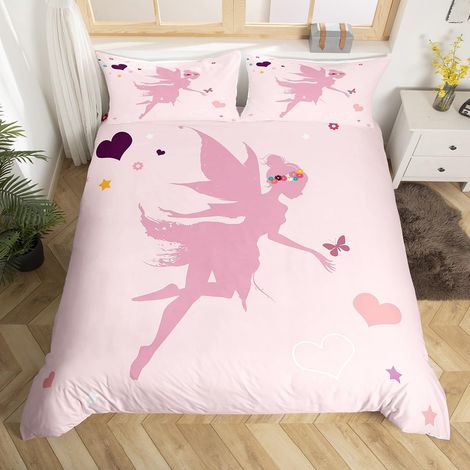 Parure de lit avec housse de couette 135 x 200 cm pour enfants et jeunes filles Motif floral et cœur Jolie princesse Décoration de chambre à coucher (1/5)