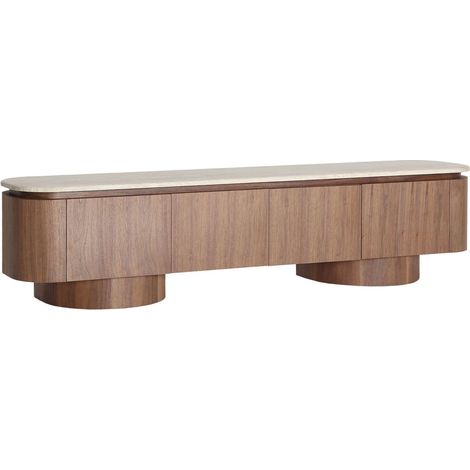 Meuble tv contemporain en marbre synthétique et bois noyer élégant - Beige marbré et bois noyer foncé (1/5)