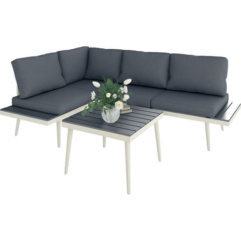 Outsunny 3 Piece Garden Furniture Set with 5-Level Adjustable Lounger, L Shaped Garden Corner Sofa with Cushions, Mesh Seat, Slatted Wood-Grain Table, Outdoor Furniture Set for Conservatory, Grey