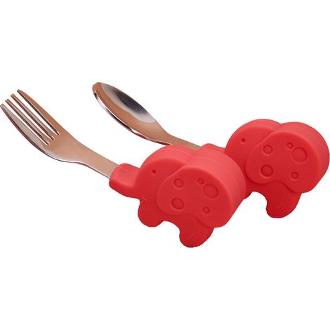 Cuillère d'Entraînement Bébé Éléphant Rouge en Silicone et Acier Inoxydable pour Enfants (1/5)