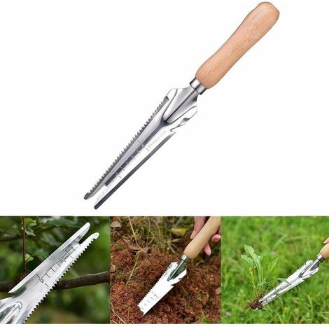 Outil de désherbage manuel à poignée en bois Désherbeur en acier inoxydable avec mesure, outil de tonte, extracteur de mauvaises herbes, pelle de désherbage, pour creuser le jardin