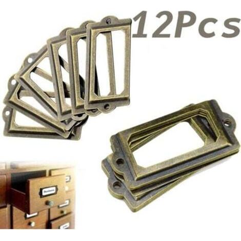 12 étiquettes en laiton antique pour boîtes, poignées de meubles, tirettes de tiroir, poignées métalliques pour classeurs et porte-cartes.