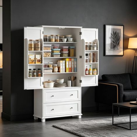 Weißer Küchen-Hochschrank aus MDF mit 2 Türen, 2 Schubladen und verstellbaren Einlegeböden (1/5)