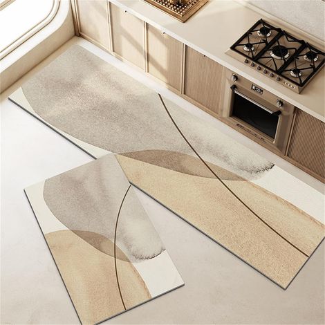 Long Diatomite Rug with Geometric Pattern, Quick Drying, Non-Slip, Oil Resistant, Super Absorbent, Washable for Kitchen, Bathroom, Laundry Room (Beige Camel, 60x180cm)