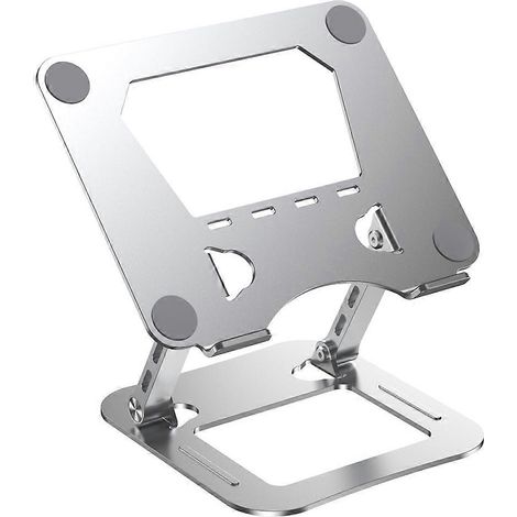 Zusammenklappbarer und erhöhter Laptopständer aus legiertem Stahl mit ergonomischer Kühlbasis leicht und praktisch. Silbernes Computerzubehör. (1/5)