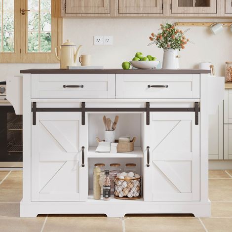 Îlot de cuisine avec plan de travail rabattable, chariot de cuisine à roulettes, meuble de cuisine avec 2 portes coulissantes et 2 tiroirs, style grange, blanc, meuble de rangement de cuisine, 120×45( (1/5)