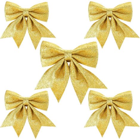Lot de 5 nœuds de Noël dorés pour sapin, 24 et 18 cm Grands nœuds à paillettes, décoration et cadeaux de Noël. (1/5)