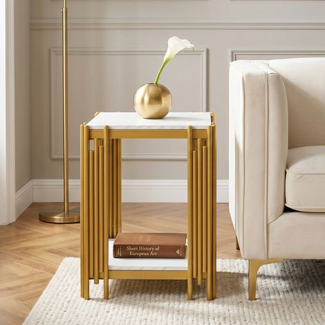 REDOM mesa auxiliar 40x43x55 cm, 2 niveles, efecto mármol, estructura metálica, MDF y metal, dorado y blanco (1/5)