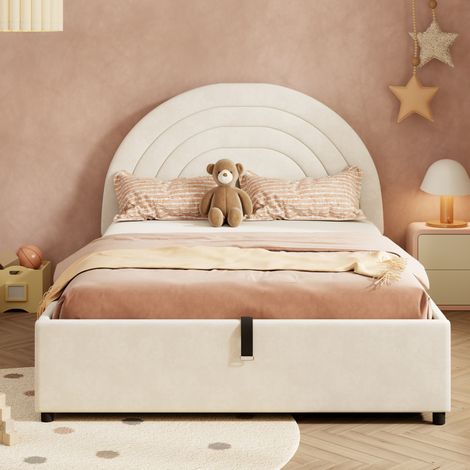 Cama infantil tapizada en terciopelo beige 140x200 cm con cabecero, somier de láminas, arcón hidráulico y colchón incluido