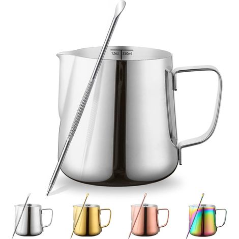 Pichet à lait 12 oz 350 ml, Pichets à Vapeur En Acier Inoxydable Avec Stylo De Décoration, Pichet à Mousseur Cappuccino Latte Art Barista Tasse (Argent)