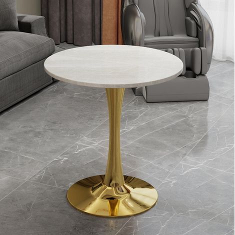 Tavolo rotondo in marmo artificiale bianco e oro, diametro 70,1 cm, design moderno (1/5)