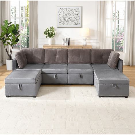 Canapé modulable en velours gris antique, 6 modules avec rangement, convertible en couchage, structure bois, 4 places et 6 coussins – de FLORAGRACE (1/5)
