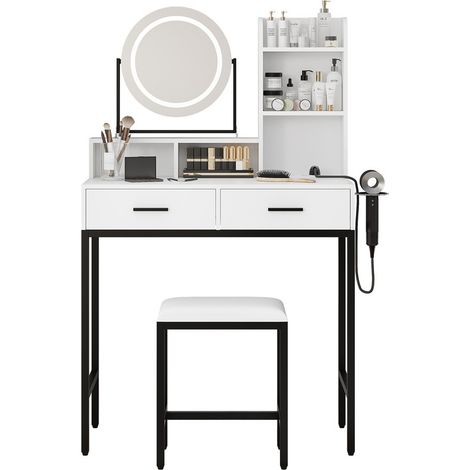 Coiffeuse moderne avec miroir LED 360° – 3 modes de lumière – support sèche-cheveux, tiroirs et prise électrique,Noir (1/4)