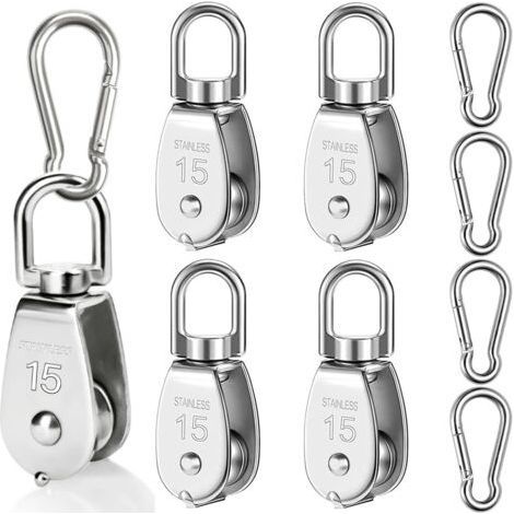 LAN Set aus 4 M15 Edelstahl-Seilrollen, Rücklaufrolle mit 4 M6 Karabinern, geringe Tragfähigkeit von 35 kg für Sonnensegel, Fitnessgeräte, Winden. (1/5)