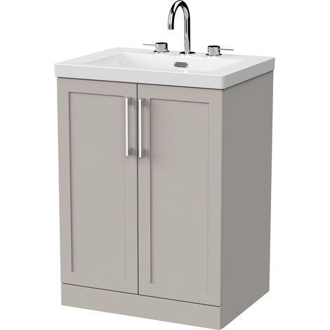 Stonnall Traditional Floor Standing 2 Door Vanity Unit with 3 Tap Hole Fireclay Basin, 600mm, Pebble Grey