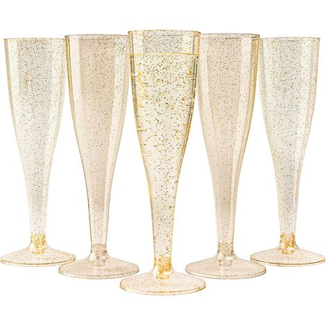 LYERCW - 48 flûtes à champagne en plastique premium avec paillettes dorées, 133 ml - Verres à champagne réutilisables, flûtes en plastique, verres à prosecco pour cocktails et vins