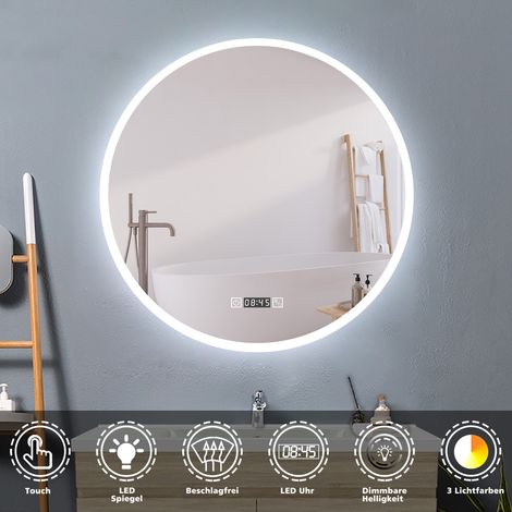 LED Rund Spiegel Badspiegel mit Beleuchtung Badspiegel Badezimmerspiegel Touch 80cm Uhr+Beschlagfrei+3 Lichtfarben Dimmbar+LED Memory Funktion (1/5)