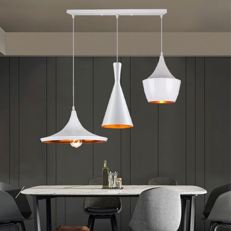 3 Lumières Lustre Suspension en Métal Luminaire Eclairage Style Géométrique Moderne avec Base Longue Lampe E27 pour Salle à Manger Salon Chambre Blanc et Or (1/5)