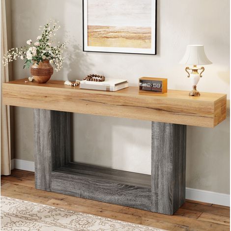 Consola 160x30x82.5 cm natural en tablero de partículas con estante inferior (1/5)