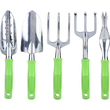 Set Outillage Jardin - Tarière Pelle Râteau Cuillère À Main - Poignée Vert Écologique - 5 Pièces (1/5)