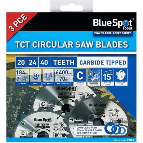 BlueSpot 184mm Circular Mitre Saw Blade 30mm Bore 25 20 16mm Rings 24 40 48T 3pc (1/2)