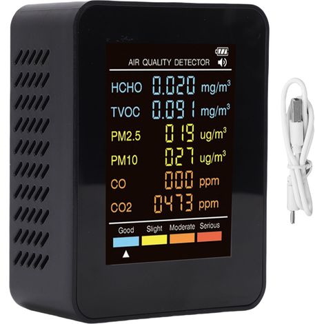 Eosnow Moniteur de qualité de l'air 6 en 1, écran couleur 2,8" intérieur PM2,5 PM10 HCHO TVOC CO CO2, testeur de pollution multifonctionnel pour maison, bureau, hôtel MT07CO noir (1/5)