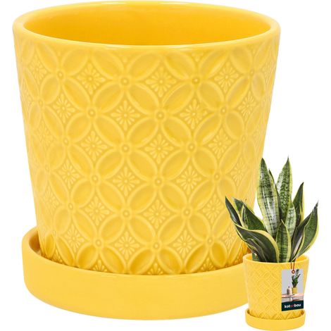 KOTARBAU® Runder Senffarbener Blumentopf 13 cm mit Untersetzer, glasierte Keramik, Blumen- und Kräutertopf, Pflanzenschutz