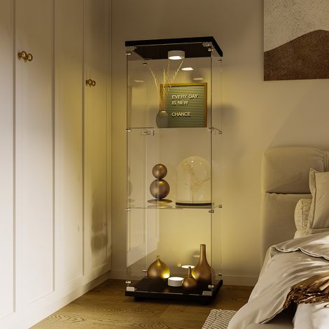 Vitrine en verre avec éclairage LED, étagères à 3 niveaux, bibliothèque ancienne sur pied, idéale pour un salon, une chambre ou un bureau. Noir (125 x 42 x 36 cm). (1/5)