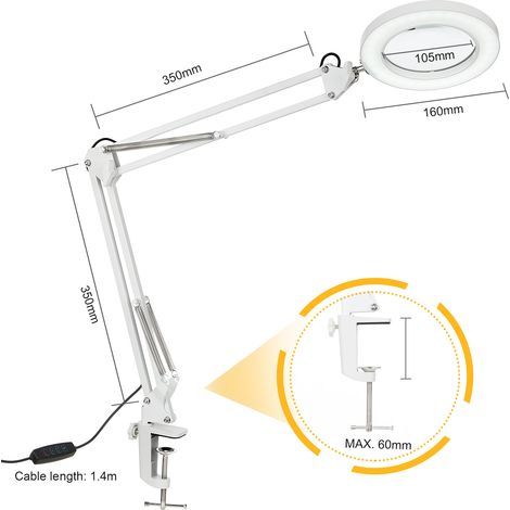 Neoglint Flexible Klemm-Tischleuchte mit 8-facher Vergrößerung, Schwenkarm, dimmbarer LED, Schreibtischlampe, 3 Farbmodi und 10 Helligkeitsstufen, zum Lesen, Arbeiten und Lernen (1/5)