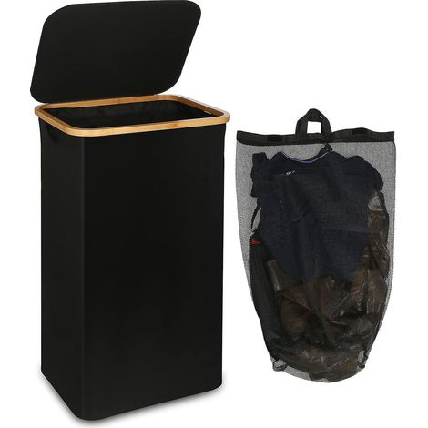 panier Linge De 110 Litres Avec Pochette En Filet Et Couvercle (noir), Poigne En Bambou, Panier Linge Pliable Xxl (1/5)