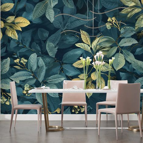 Papier peint feuillage feuilles dorees sur emeraude sombre 1 - 150 x 250 cm (1/2)