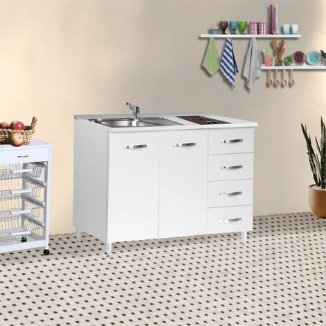 Mini cucina Cucinino120 con cassetti bianco larice lavello e piano cottura vetroceramica 120x60x85H (1/4)