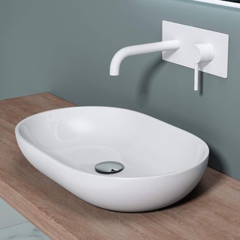 doporro Lavabo da Appoggio, Lavandino Bagno 54x34x10.5cm, Lavabo Ovale da Minerale Fuso Colossum808, Biano Lucido