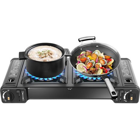Réchaud de camping portable 2500 W – 2 brûleurs avec plaque de cuisson et étui de transport, fonctionne au butane ou GPL, pour usage domestique et extérieur