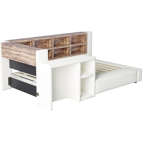 Cama tapizada 90 x 200 cm beige con almacenaje, LED, enchufes integrados y mesa auxiliar (1/5)