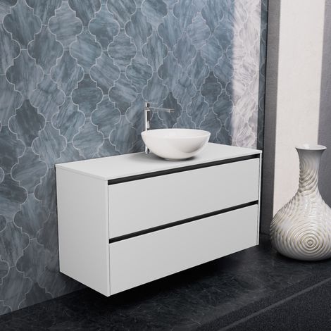 Inda - Badezimmerschrank 2 Schubladen B.120 mit Aufsatzwaschbecken / Mattweiß - Smeraldo (1/5)