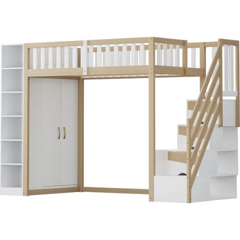 Letto a mezza altezza 90 x 200 cm con armadio, scaffali e scala contenitore (1/5)