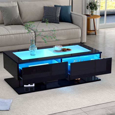 Tavolino da salotto nero lucido con vetro temperato e LED, 100 x 50 cm, 2 cassetti