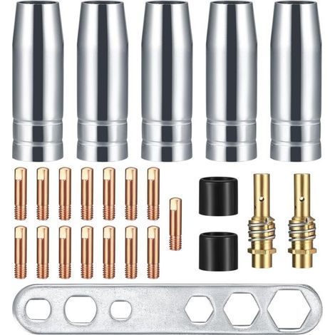 25pcs Embouts de Contact de Buse de Soudage, Support de Connecteur de Gaz,Soudage Adaptés pour AK-15/MB-15,5 buses à gaz,15 buses électriques M6 0.8 mm,2 poignées de buse,2 isolateurs,1 outil clé (1/5)