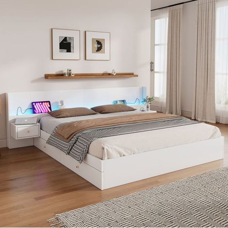 lit coffre 180x200, tiroirs de rangement lit double, sommier inclus, LED multicolore, ports USB, tables de chevet (1/5)