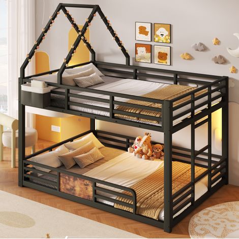 Lit mezzanine 140/200 cm noir en métal et MDF avec LED multicolore et structure maison (1/5)