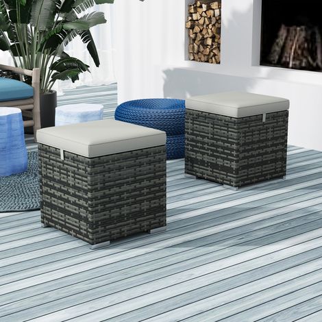 Lot de 2 tabourets de jardin avec rangement en rotin PE, repose-pied et coussin inclus, 40x40x41cm, gris clair