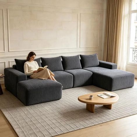 Modulares Ecksofa für 4 Personen mit Chaiselongue, Grau, Cord-Samt, bequeme Sitzfläche, modernes Design für ein elegantes Wohnzimmer