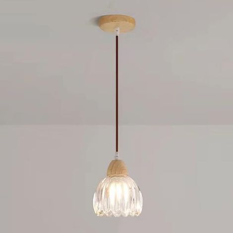 Mini Suspension de Chevet, Lampe Suspendue en Bois à Une tête avec Abat-Jour en Verre en Forme de Fleur, luminaire E27, Suspension de Salle à Manger, Lustre Minimaliste Moderne (1/5)