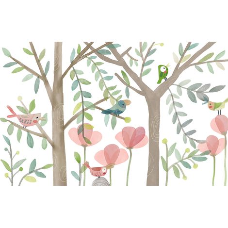 Papier peint panoramique Enfants - Arbres Oiseaux - 130 cm x 81 cm (1/2)