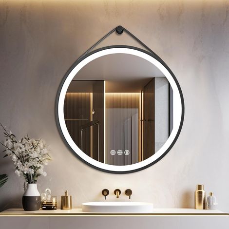 60cm Specchio Bagno Led Luce Rotondo con Cornice Alluminio Nero, Cinghia, Dimmerabile Luce, Antiappannamento, Interruttore Touch, Memoria (1/5)