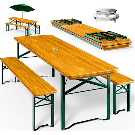 CASARIA® Conjunto Mesa y 2 Bancos Plegable Madera 170cm Portátil Soporte Sombrilla Estable Resistente Camping Terraza Jardín Exterior 3 Piezas (1/9)