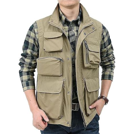 Gilet d'extérieur pour homme, idéal pour le travail, les safaris et la pêche. Léger, il convient aussi bien aux voyages qu'à la photographie. Gilet cargo - Taille M - Kaki (1/3)