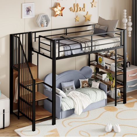 MODFU – Cama alta 90x200 cm de metal negro con escalera de almacenamiento, armario, estantes y barandilla alta – Negro (1/5)