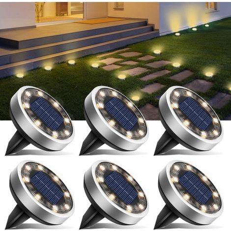 Lot de 6 Lampe Solaire Au Sol, 8 LED Jardin Exterieur Solaire Etanche Lumiere Solaire, Spot Solaire Extérieur pour Chemins Pelouse Terrasse Allée Cour Piscine, Blanc Chaud (1/5)